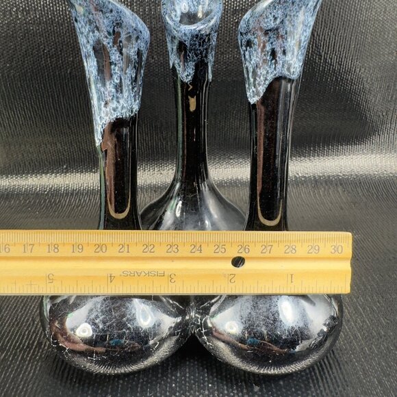 Van Briggle Art Pottery Triple Bud Vase Attached Signed Black Crackled Glaze VTG - Picture 2 of 11